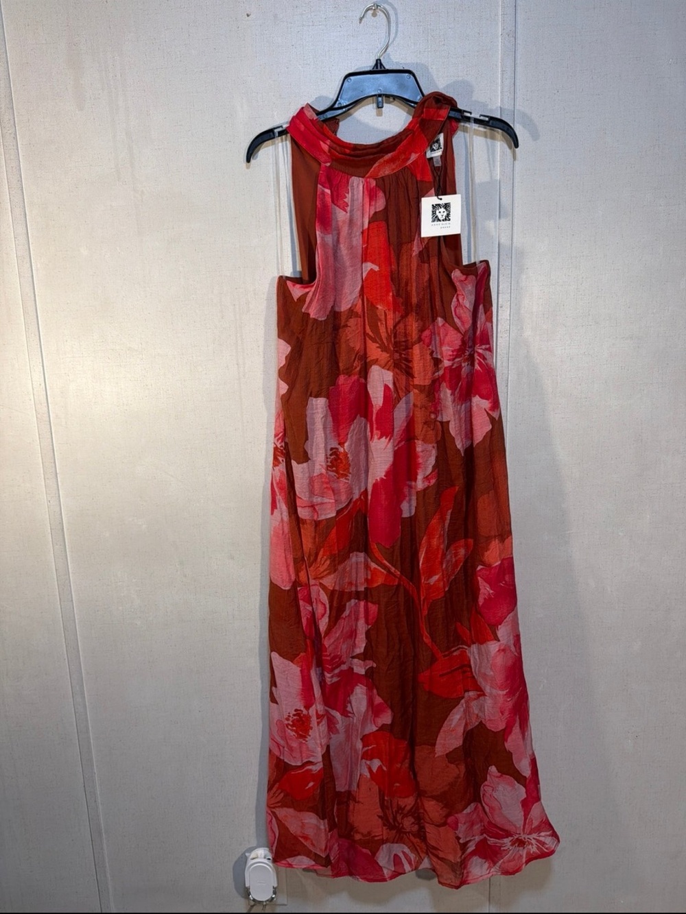 Anne Klein Red and Pink Floral Midi Halter Dress
